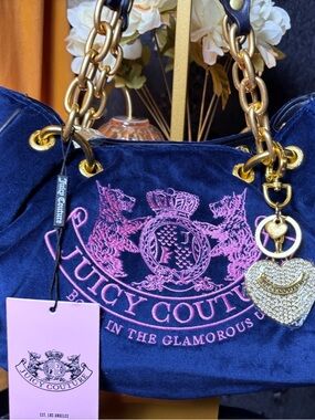 Juicy Couture Navy Velvet Shoulder Bag with Pink Embroidery and Gold Hardware